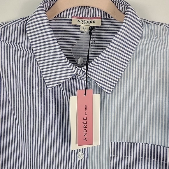 Andree by Unit Women's Yours or Mine Striped Button Down Shirt Sz M Blue White - Picture 2 of 9